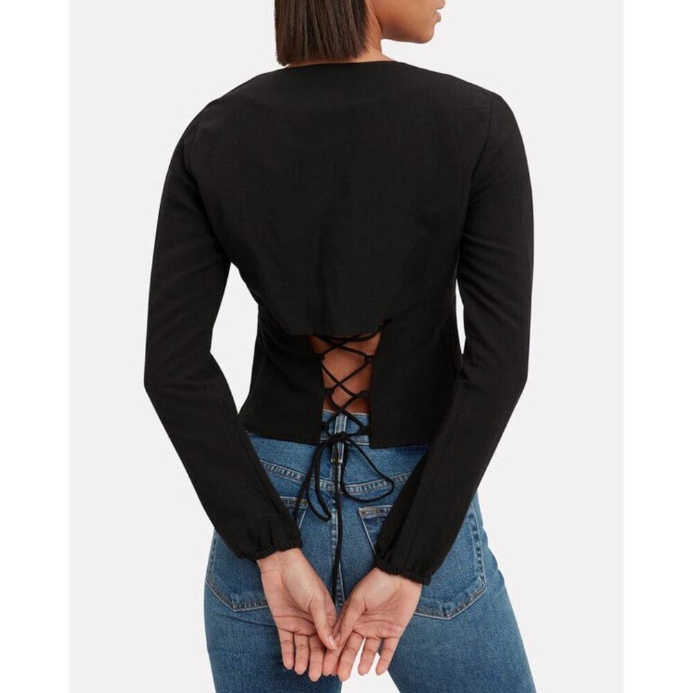 Intermix linen Lace Up Top black long sleeve shirt tie front blouse sz 6 MEDIUM - Picture 3 of 9